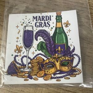 Colorful 2x2 inch Mardi Gras magnets featuring New Orleans carnival design